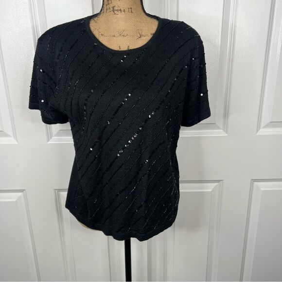 Sz L Kathy Ireland Silk Wool Blend Sequin Knit Short Sleeve Top - Picture 3 of 9